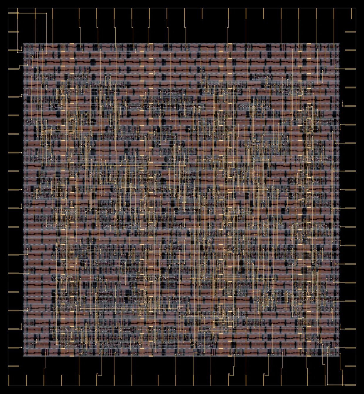 Routed layout of the APB UART on SkyWater 130nm, plotted from its GDS: rows of standard cells, gold metal-2 wiring and pins along every edge.